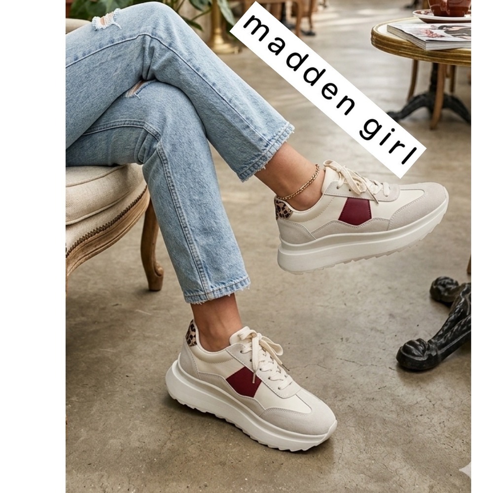 Madden Girl Angie Platform Sneakers Cream Burgundy Leopard Print Sz 8.5 Baddie